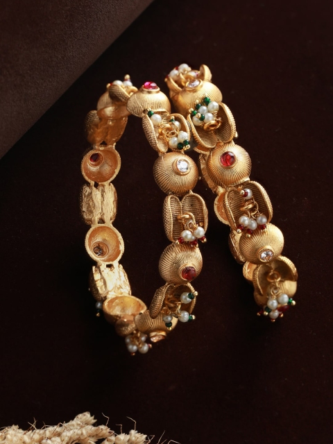 

Priyaasi Set Of 2 Gold-Plated White & Red Stone Studded & Pearl Beaded Bangle