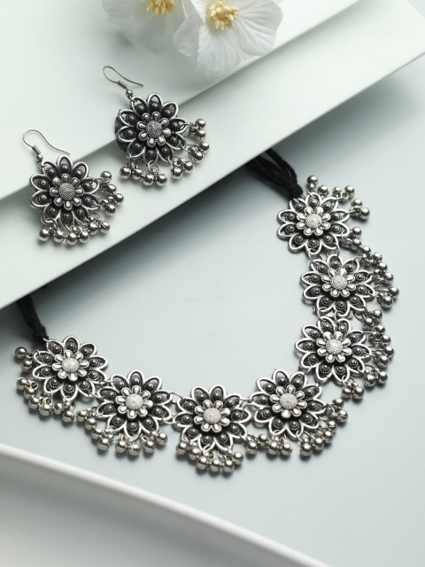 

Priyaasi Silver-Plated Floral Oxidised Jewellery Set
