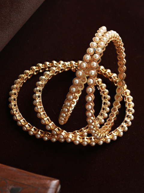 

Priyaasi Set Of 4 Gold Plated Off- White Pearl Studded Bangle
