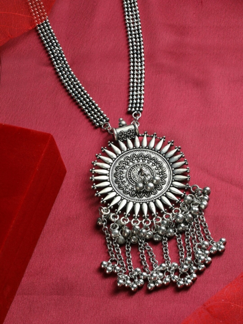 

Priyaasi Oxidised Silver Long Floral Tasseled Necklace