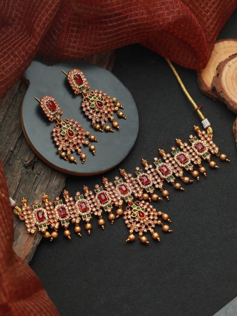 

Priyaasi Gold-Plated Red & Green Stone-Studded & Beaded Jewellery Set