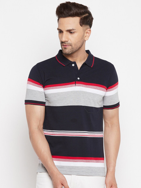 

FirstKrush Men Navy Blue & Grey Striped Polo Collar Applique T-shirt