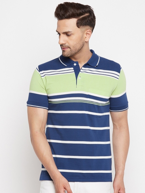 

FirstKrush Men Blue & Lime Green Striped Polo Collar T-shirt