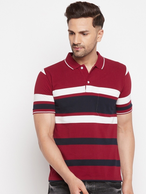 

FirstKrush Men Maroon & Navy Blue Striped Polo Collar T-shirt