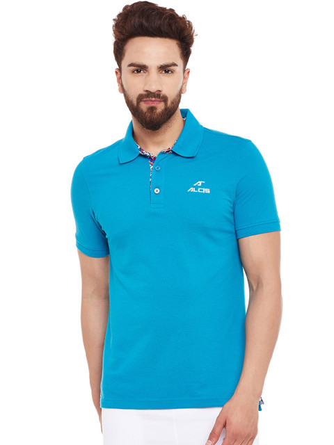 

Alcis Men Turquoise Blue Solid Slim Fit Polo Collar T-shirt