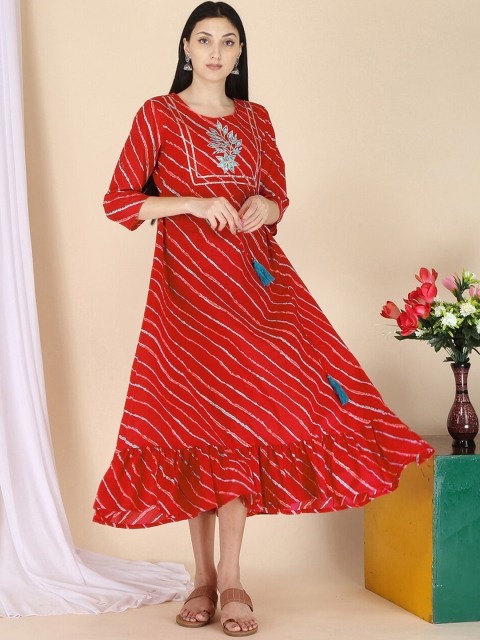 

ERISHA Women Orange Striped Flared Sleeves Gotta Patti Floral Kurta