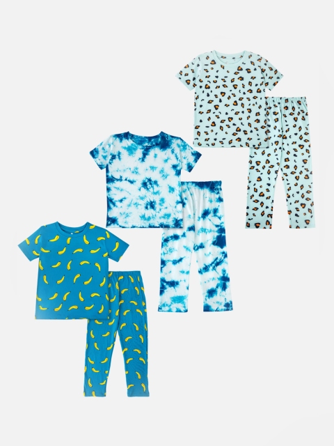 

Cuddles for Cubs Kids Set Of 3 Blue & White Printed Cotton Night suit