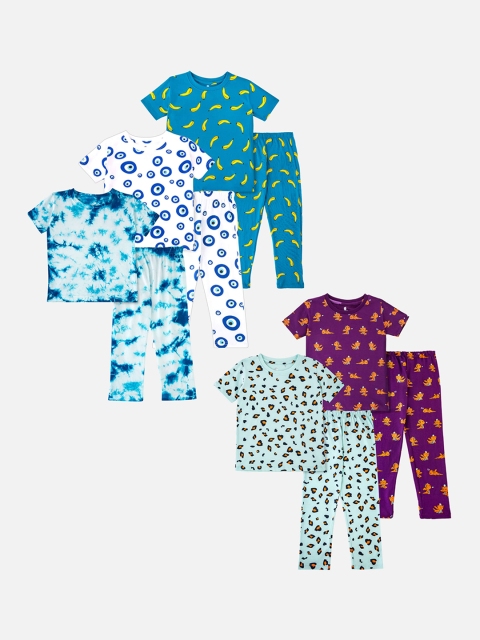 

Cuddles for Cubs Kids Pack of 5 Printed Pure Cotton Night Suits, Blue