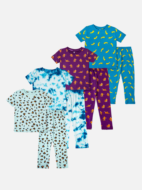 

Cuddles for Cubs Unisex Kids Pack of 4 Bright colors Printed Night suit, Green
