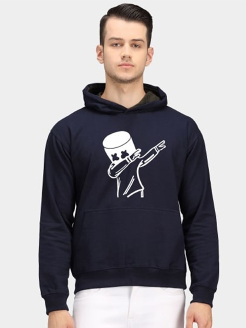 

PockMAN Men Blue Printed Hooded Sweatshirt, Navy blue