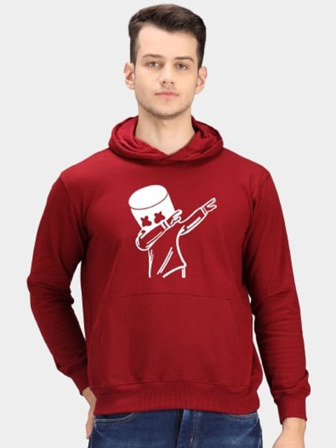 

PockMAN Men Maroon Printed Fleece Hooded Sweatshirt