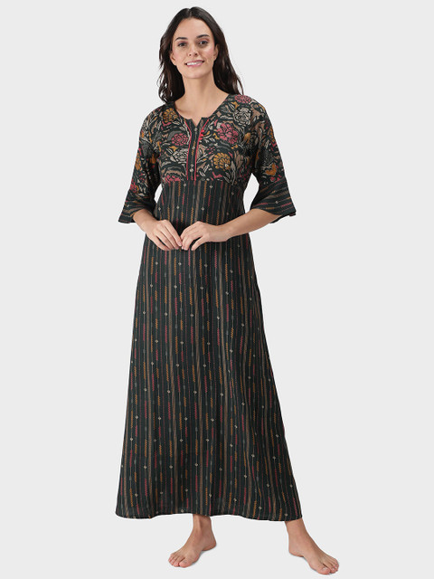 

NIGHTSPREE Green Printed Maxi Nightdress