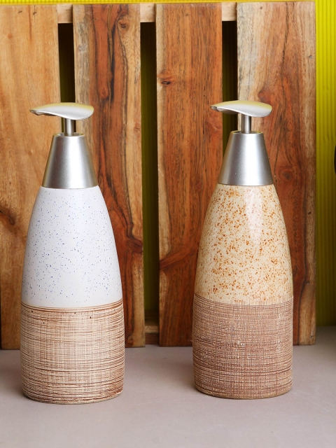 

ROMEE Set Of 2 Beige & White Ceramic Soap Dispenser, Grey