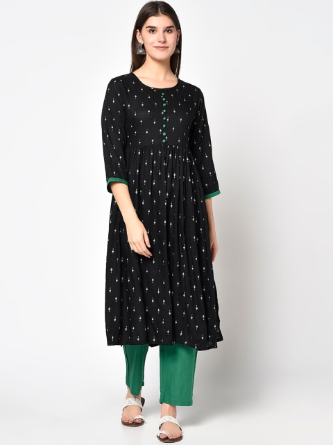 

ERISHA Women Black Ethnic Motifs Printed Thread Work Floral Kurta