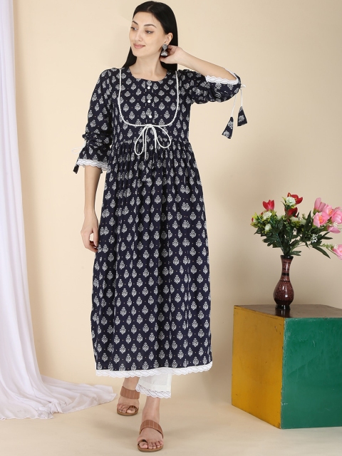 

ERISHA Women Blue Floral Printed Flared Sleeves Thread Work Floral Kurta