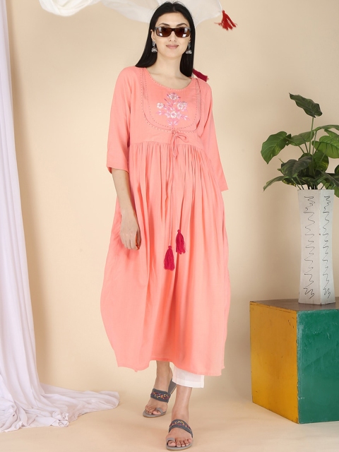 ERISHA Women Peach-Coloured Floral Thread Work Floral Kurta