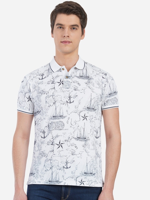 

Greenfibre Men White Nautical Printed Polo Collar Slim Fit T-shirt
