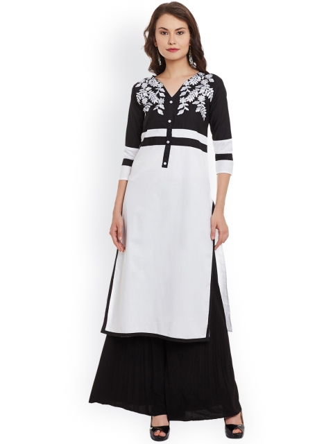 

AgrohA Women White & Black Embroidered Straight Kurta
