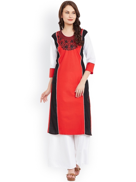 

AgrohA Women Red & Black Colourblocked Straight Kurta