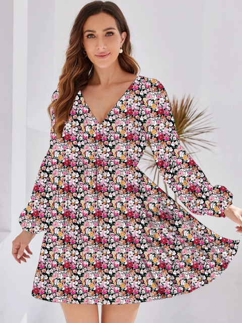 

GRECIILOOKS Women Multicoloured V-Neck Fit and Flare Floral Dress, Multi