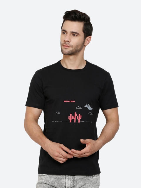 

PEPLOS Men Black Typography Printed Drop-Shoulder Sleeves Applique T-shirt