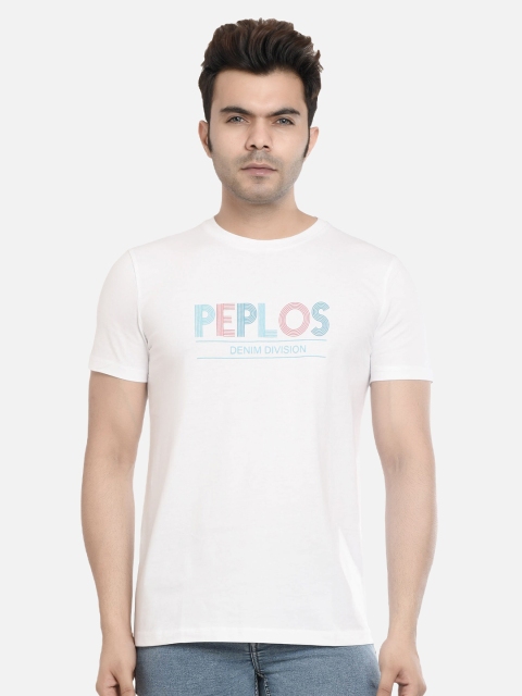

PEPLOS Men White Typography Printed Applique T-shirt