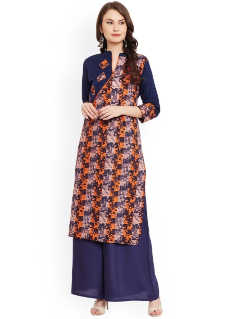 

AgrohA Women Navy & Orange Printed Kurta, Navy blue