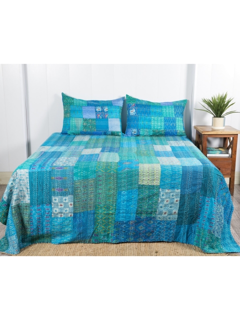 

HANDICRAFT PALACE Turquoise Blue Kantha Embroidered Patchwork Silk Double Queen Bed Cover With 2 Pillow