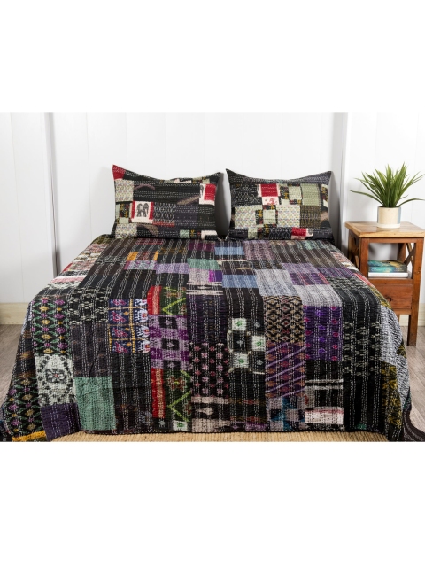 

HANDICRAFT PALACE Black Printed Kantha Patchwork Double Bed Bed Cover With 2 Pillows