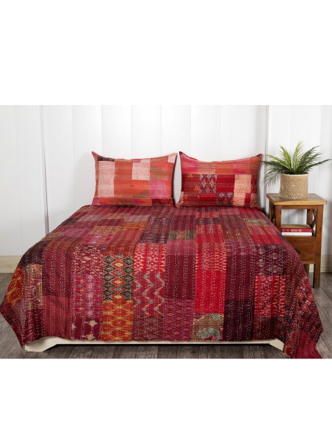 

HANDICRAFT PALACE Maroon Geometric Kantha Patchwork Double Bed Bed Cover With 2 Pillows