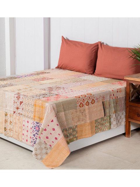 

HANDICRAFT PALACE Beige Patchwork Silk Double Bed Cover
