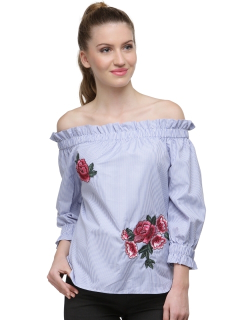 

Envy Me Women Blue Striped Bardot Top
