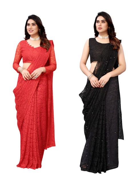 

Yashika Women Pack of 2 Red & Black Floral Designer Net Saree with unstitched blouse piece