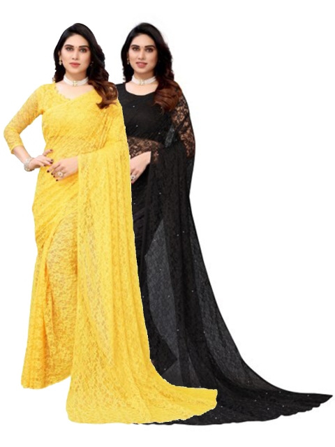 

Yashika Yellow & Black Floral Net Saree with unstitched blouse piece(Pack of 2)