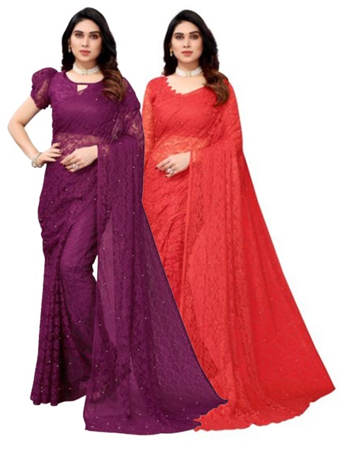 

Yashika Purple & Red Floral Net Saree