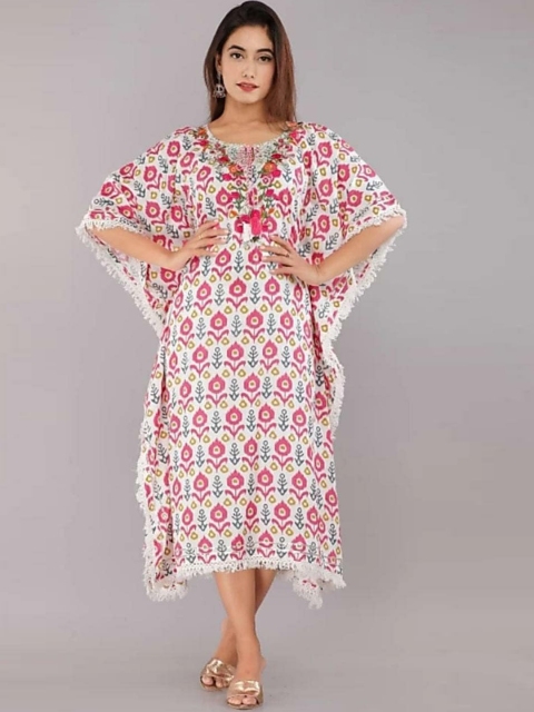 

MIRAVAN Women White Embroidered Keyhole Neck Extended Sleeves Stitched Kaftan Kurta Dress