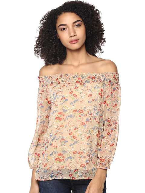 

Harpa Women Beige & Red Floral Print Bardot Top