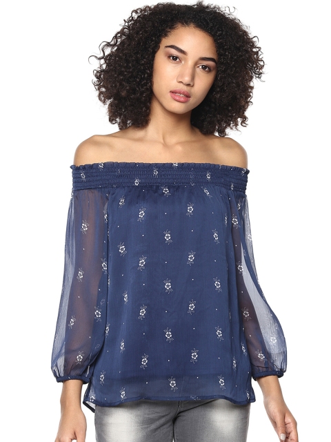 

Harpa Women Navy Floral Print Bardot Top, Navy blue