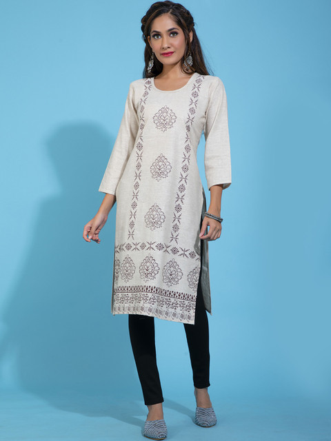 

POONAM DESIGNER Straight Khadi Cotton Printed Kurti For Women, Beige