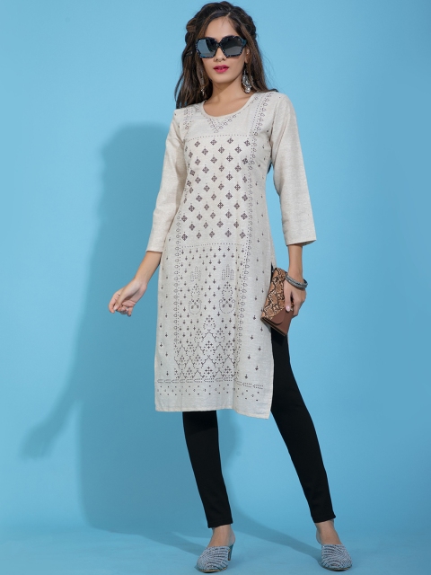 

POONAM DESIGNER Women Beige Geometric Embroidered Flared Sleeves Thread Work Khadi Kurta