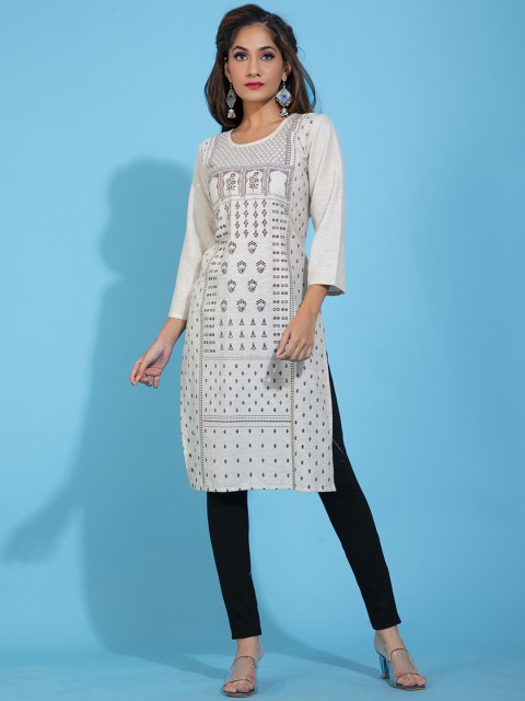 

POONAM DESIGNER Women Beige & Black Geometric Cotton Kurta