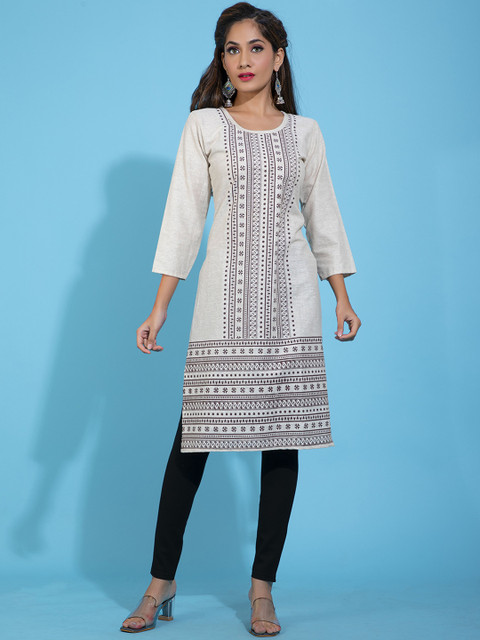 

POONAM DESIGNER Women Beige Geometric Flared Sleeves Khadi Kurta
