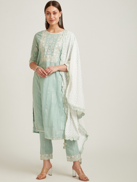 

Neerus Women Olive Green Pure Cotton Kurta with Trousers & With Dupatta