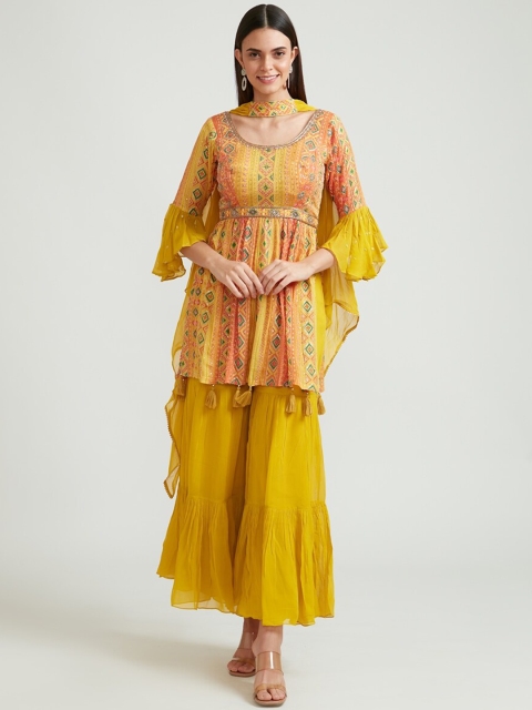 

Neerus Women Mustard Yellow Layered Sequinned Kurti with Sharara