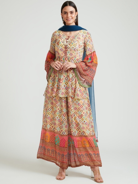 

Neerus Women Beige Floral Printed Pleated Beads and Stones Kurta with Palazzos