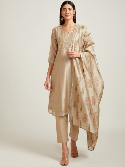 

Neerus Women Beige Ethnic Motifs Yoke Design Chanderi Silk Kurta with Trousers & With Dupatta