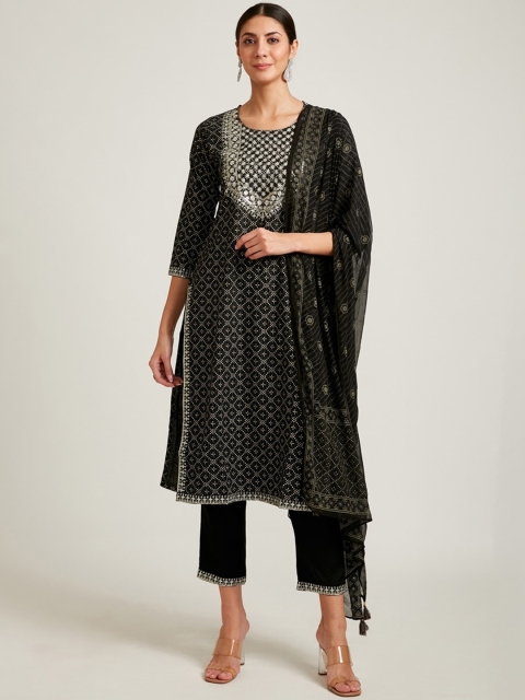 

Neerus Women Black Ethnic Motifs Empire Sequinned Pure Cotton Kurti with Trousers