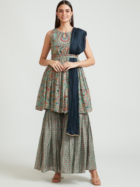 

Neerus Women Green Ethnic Motifs Printed Pleated Kurta with Sharara & With Dupatta