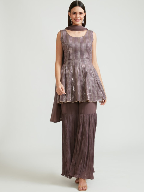 

Neerus Women Brown Sequinned Kurti with Sharara & Dupatta
