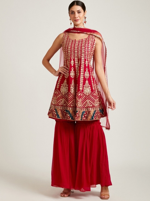 

Neerus Women Magenta Printed Empire Zardozi Kurti with Sharara & With Dupatta
